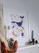 Load image into Gallery viewer, ‘Into The Blue’ Whale And Sea Creatures Fine Art Print For Children