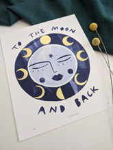 Load image into Gallery viewer, ‘To The Moon And Back’ Hand Embellished Gold Leaf Moon Limited Edition Fine Art Print