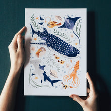 Load image into Gallery viewer, ‘Deep Blue Sea’ Whale Shark, Hammerhead And Sea Creatures Fine Art Print For Children