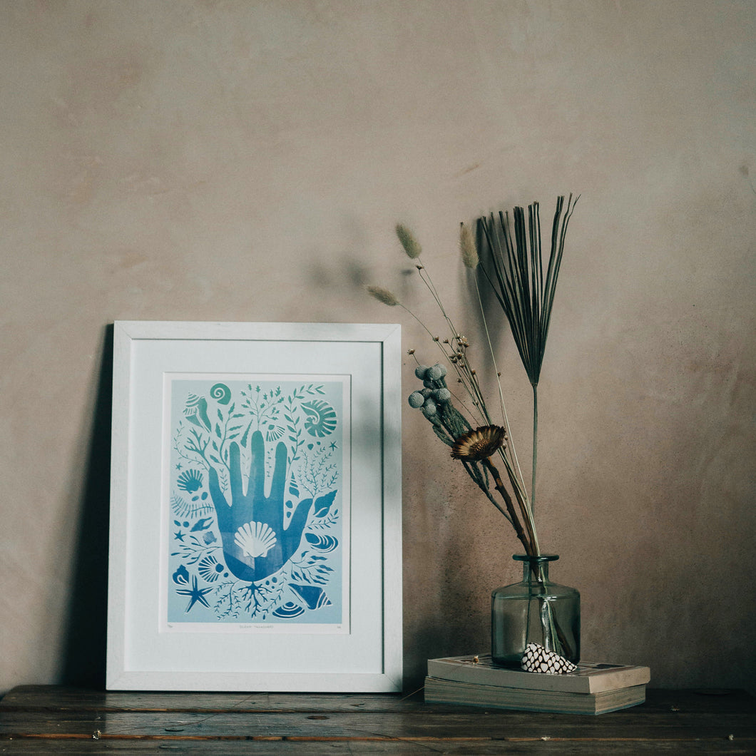 ‘Ocean Treasures’ Decorative Sea Shells With Hand Silhouette Limited Edition Fine Art Print