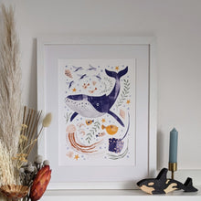 Load image into Gallery viewer, ‘Into The Blue’ Whale And Sea Creatures Fine Art Print For Children

