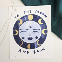 Load image into Gallery viewer, ‘To The Moon And Back’ Hand Embellished Gold Leaf Moon Limited Edition Fine Art Print
