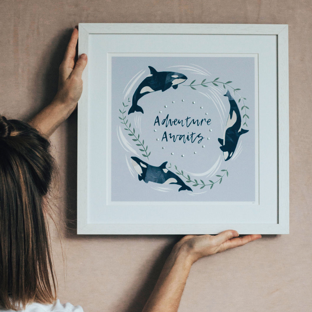 ‘Adventure Awaits’ Lilac And Silver Orca Fine Art Print