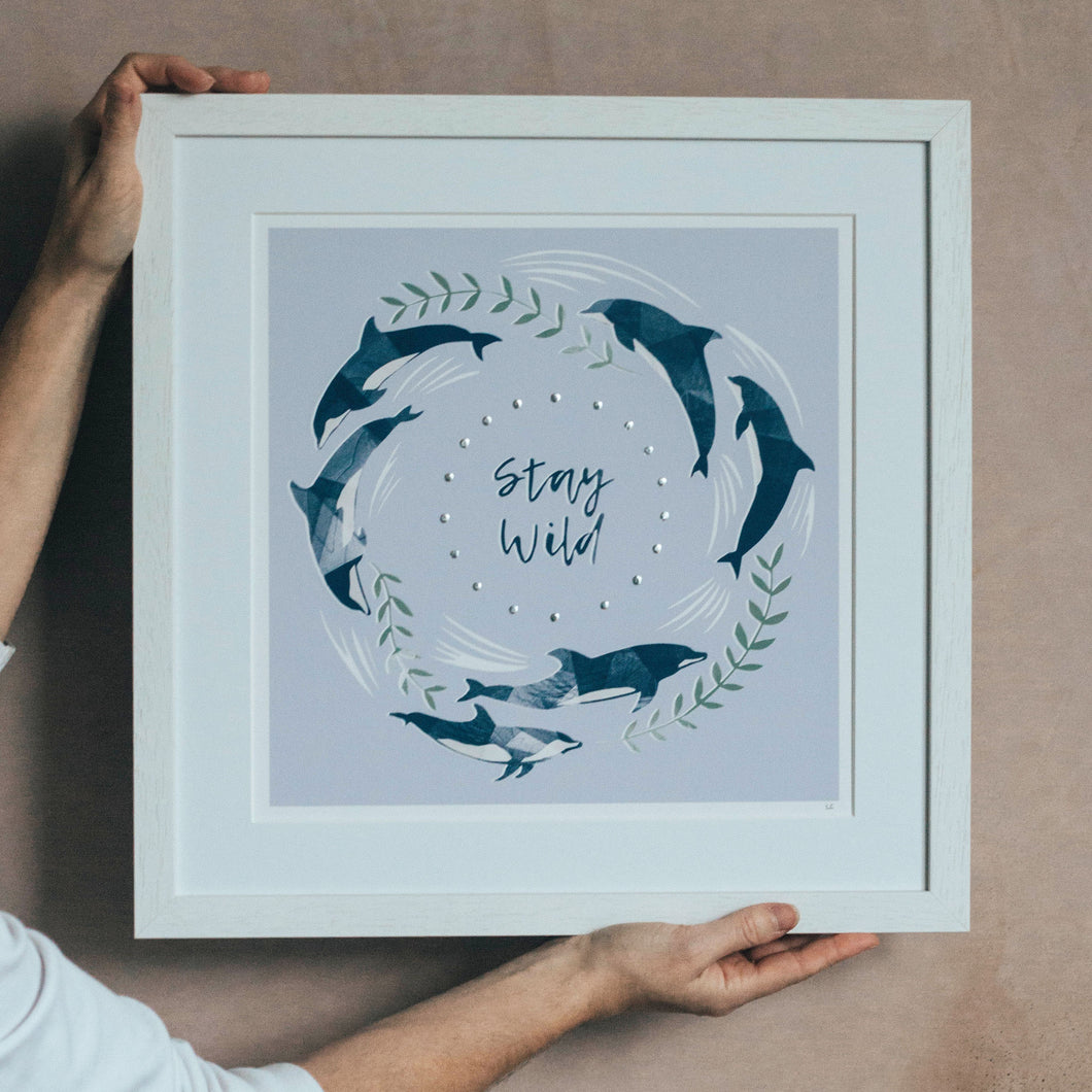 ‘Stay Wild’ Lilac And Silver Dolphin Fine Art Print