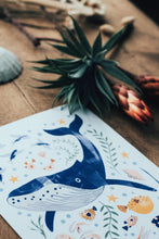 Load image into Gallery viewer, ‘Into The Blue’ Whale And Sea Creatures Fine Art Print For Children
