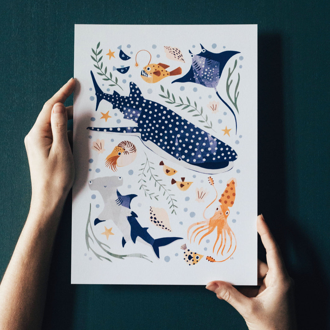 ‘Deep Blue Sea’ Whale Shark, Hammerhead And Sea Creatures Fine Art Print For Children