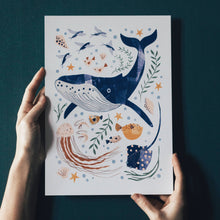 Load image into Gallery viewer, ‘Into The Blue’ Whale And Sea Creatures Fine Art Print For Children
