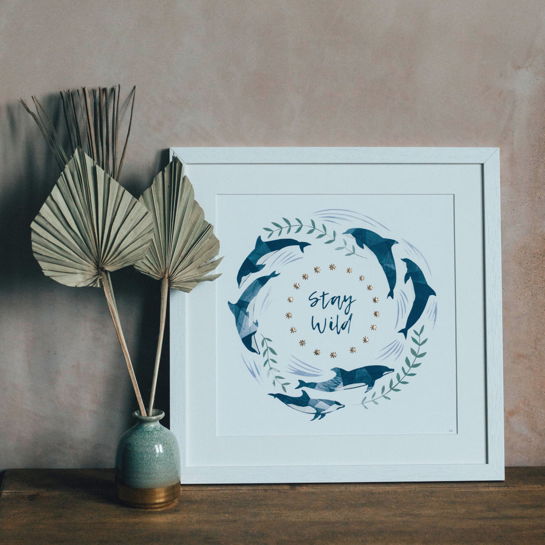 ‘Stay Wild’ White And Gold Dolphin Fine Art Print