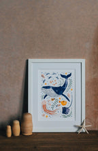 Load image into Gallery viewer, ‘Into The Blue’ Whale And Sea Creatures Fine Art Print For Children

