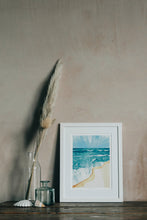 Load image into Gallery viewer, &#39;High Tide&#39; sea shore limited edition fine art print in white frame against neutral wall
